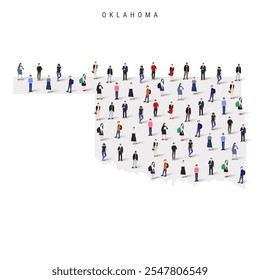 Oklahoma US state population map. Large group of realistic a diverse crowd of people figures. Flat vector illustration isolated on white.