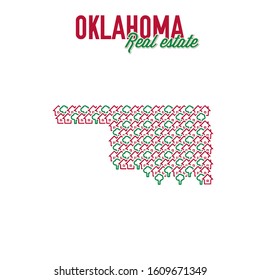 Oklahoma US state realty creative concept. Icons of houses with gardens in the shape of a map of Oklahoma. Vector illustration.