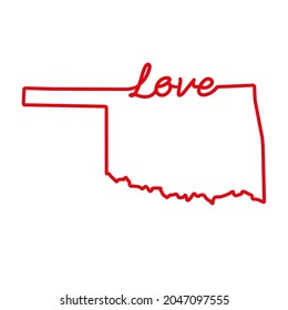 Oklahoma US state red outline map with the handwritten LOVE word. Continuous line drawing of patriotic home sign. A love for a small homeland. Interior decoration idea. Vector illustration.