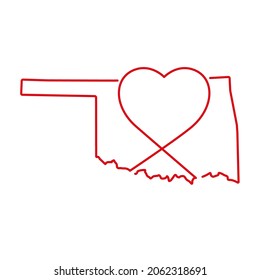 Oklahoma US state red outline map with the handwritten heart shape. Continuous line drawing of patriotic home sign. A love for a small homeland. T-shirt print idea. Vector illustration.