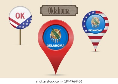 Oklahoma US state round flag. Map pin, red map marker, location pointer. Hanging wood sign in vintage style. Vector illustration. American stars and stripes flag. Two-letter state abbreviation.