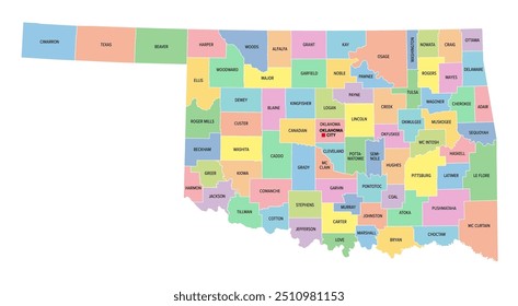 Oklahoma, U.S. state, subdivided into 77 counties, multi colored political map with capital Oklahoma City, borders and county names. State in the South Central region of United States. Native America.