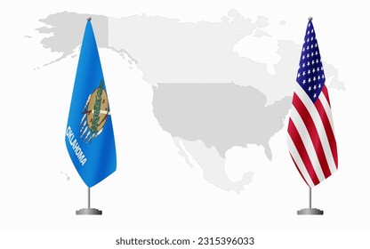 Oklahoma US and USA flags for official meeting against background of world map.