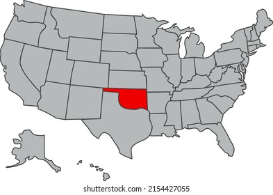 Oklahoma vector illustration in gray color. United States of America map. Highlighted in red territory of the US. Contours of the USA. Web, poster, study, articles, economy, geography, print