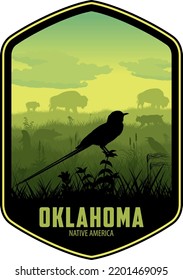 Oklahoma vector label with Scissor tailed Flycatcher and prarie