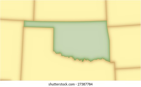 Oklahoma, vector map, with borders of surrounding states. 5 named layers, fully editable.