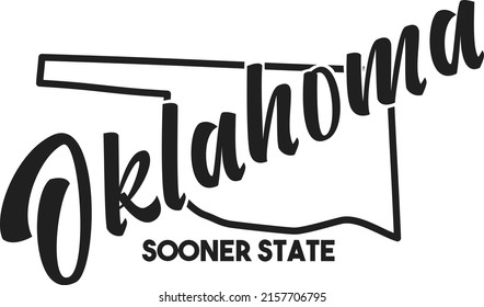 Oklahoma vector silhouette. Nickname inscription Sooner State. Image for US poster, banner, print, decor, United States of America card. Hand-drawn illustration map of the USA territory