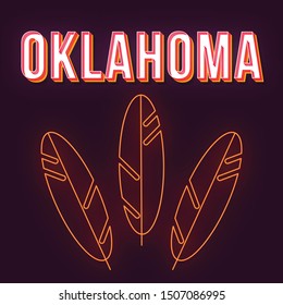 Oklahoma vintage 3d vector lettering. Retro bold font, typeface with neon light feathers. Pop art stylized text. 90s, 80s poster, banner, t shirt typography design. Dark brown color background