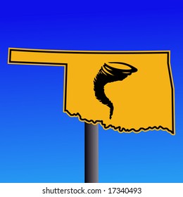 Oklahoma warning sign with tornado symbol on blue illustration