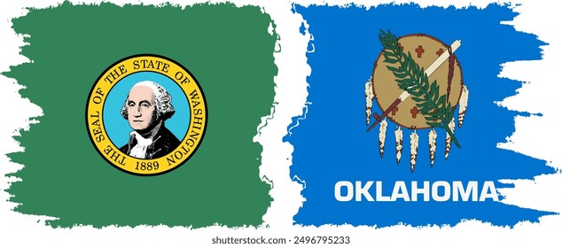 Oklahoma and Washington states grunge brush flags connection, vector