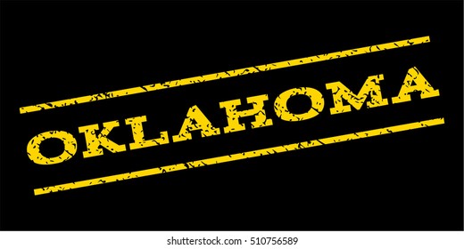 Oklahoma watermark stamp. Text caption between parallel lines with grunge design style. Rubber seal stamp with dust texture. Vector yellow color ink imprint on a blue background.