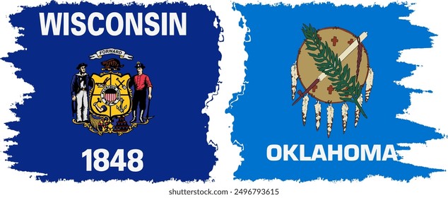 Oklahoma and Wisconsin states grunge brush flags connection, vector