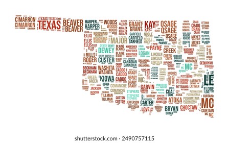 Oklahoma Word Cloud. State shape with county division. Oklahoma typography style image. County names tag clouds. Vector illustration.