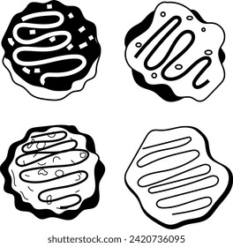 Okonomiyaki with black vector lineart. Perfect for Japanese cuisine designs, this monochrome illustration captures the savory and delightful nature of these Japanese pancakes.