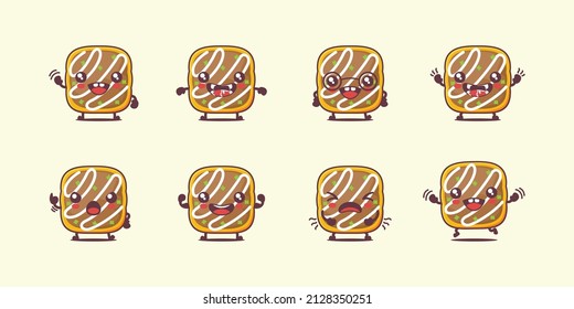 Okonomiyaki cartoon. vector illustration of japanese food. with different faces and expressions. cute cartoon