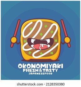 Okonomiyaki cartoon. vector illustration of japanese food. with a funny mouth expression