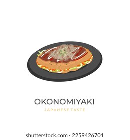 Okonomiyaki Japanese Food Vector Illustration Logo On A Black Plate