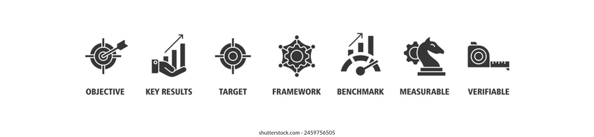 OKR banner web icon set vector illustration concept for objectives and key results with icon of objective, key results, target, framework, benchmark, measurable, and verifiable