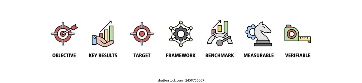 OKR banner web icon set vector illustration concept for objectives and key results with icon of objective, key results, target, framework, benchmark, measurable, and verifiable