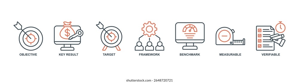 OKR banner web icon set vetor illation concept with icon of objetive, key result, target, framework, benchmark, mensurável, verificável