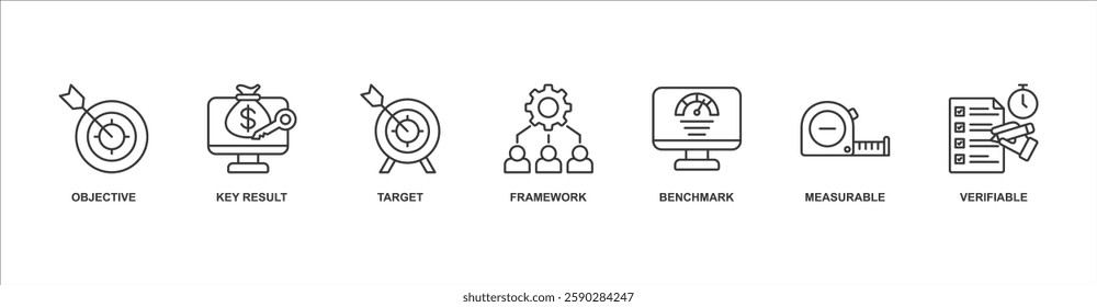 OKR banner web icon sheet vector illustration concept with icon of objective, key result, target, framework, benchmark, measurable, verifiable