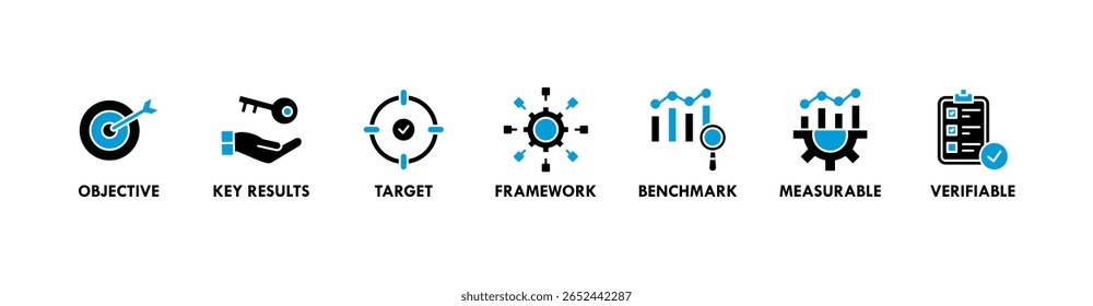 Concepto de Ilustración vectorial de ícono de Web de Anuncio OKR para objetivos y resultados clave con ícono de objetivo, resultados clave, objetivo, framework, benchmark, medible y verificable