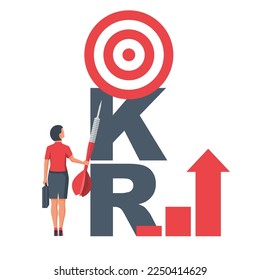 Concepto de OK. Objetivos y resultados clave. Logro del objetivo. Concepto de negocio de propósito. Mujer de negocios con propósito. Diseño plano de ilustración vectorial. Gente aspiracional. Desafío para lograr el objetivo.