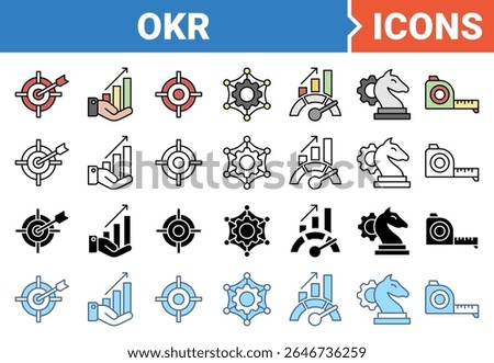 OKR concept for objectives and key results icon set with multiple style collection.