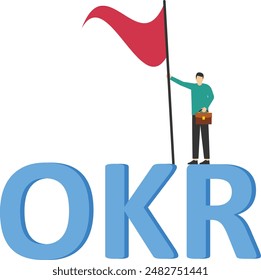 OKR, goals and key results framework to measure success and improvement, entrepreneur holding victory flag on target with OKR work. setting goals or defining measurable targets for business concepts.