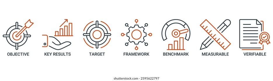 OKR icon set. Vector illustration concept for objectives and key results with icon of objective, key results, target, framework, benchmark, measurable, and verifiable icons outline vector symbol.