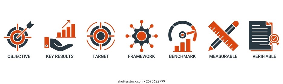 OKR icon set. Vector illustration concept for objectives and key results with icon of objective, key results, target, framework, benchmark, measurable, and verifiable icons solid color vector symbol.