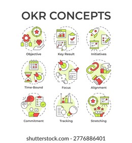 OKR multi color concept icons. Key results, objectives management. Corporate organization. Icon pack. Vector images. Round shape illustrations for presentation, brochure. Abstract idea