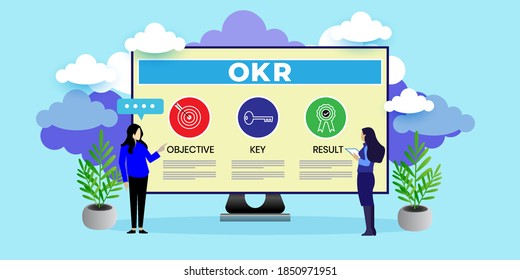 OKR. objective, key, result concept with icons. Cartoon Vector People Illustration