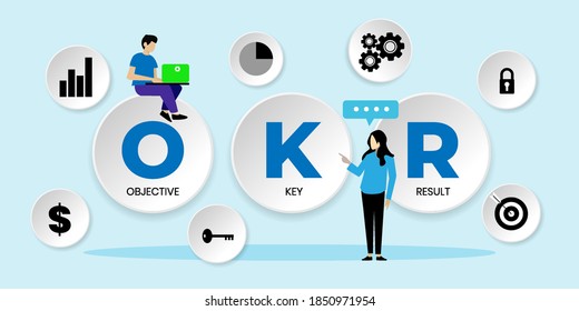 OKR. objective, key, result concept with icons. Cartoon Vector People Illustration