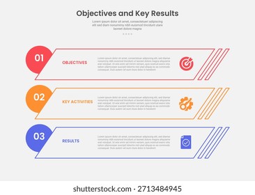 OKR Objektivschlüssel Ergebnisse Infografik Umriss Stil mit 3-Punkt-Vorlage mit schiefen Rechteck und Kreis-Badge am Rand für Folie Präsentation Vektor