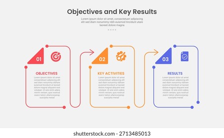 OKR objetivo clave de resultados estilo de esquema de infografía con 3 puntos de Plantilla con contenedor de caja creativa con triángulo insignia y línea de flecha para el Vector de presentación de diapositivas