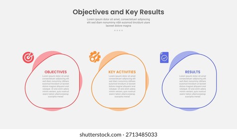 OKR objetivo clave de resultados estilo de esquema de infografía con Plantilla de 3 puntos con círculo fluido en dirección Horizontal para el Vector de presentación de diapositivas