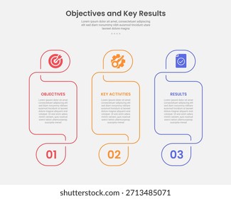 OKR objetivo clave de resultados estilo de esquema de infografía con Plantilla de 3 puntos con tabla creativa con cabecera de remolino y pie de página para el Vector de presentación de diapositivas