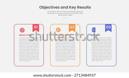 OKR objective key results infographic outline style with 3 point template with round container table with bookmark header for slide presentation vector