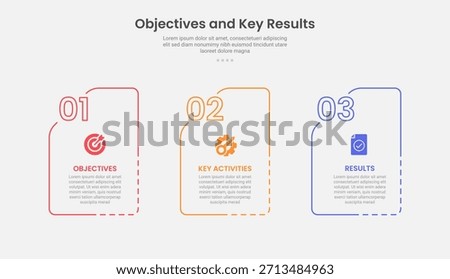 OKR objective key results infographic outline style with 3 point template with dotted line box container with folder shape for slide presentation vector