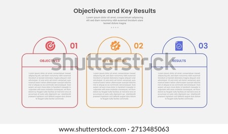 OKR objective key results infographic outline style with 3 point template with creative table and half circle header for slide presentation vector