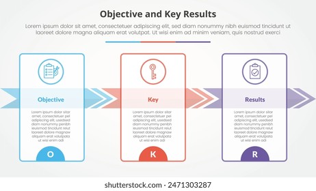 OKR objectives and key results framework infographic concept for slide presentation with big outline table and arrow right direction with 3 point list with flat style vector
