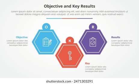 OKR objectives and key results framework infographic concept for slide presentation with hexagon shape up and down with 3 point list with flat style vector
