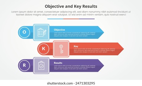 OKR objectives and key results framework infographic concept for slide presentation with rectangle arrow stack with circle edge with 3 point list with flat style vector
