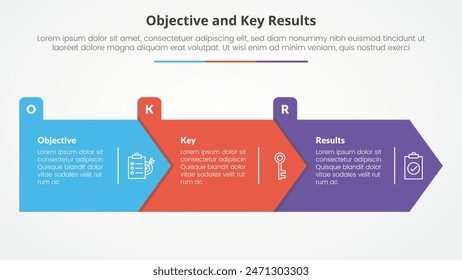 OKR objectives and key results framework infographic concept for slide presentation with big arrow rectangle shape right direction with 3 point list with flat style vector