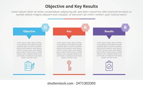 OKR objectives and key results framework infographic concept for slide presentation with big table arrow header badge with 3 point list with flat style vector