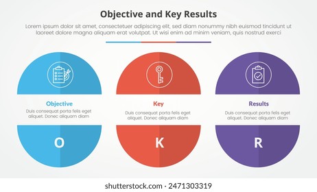 OKR objectives and key results framework infographic concept for slide presentation with big circle cut truncated half slice with 3 point list with flat style vector