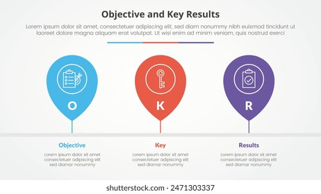OKR-Ziele und Hauptergebnisse Framework Infografik-Konzept für Diapräsentation mit Pin-Tagging-Location-Timeline Horizontal mit 3-Punkt-Liste mit flacher Style-Vektorgrafik
