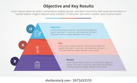 OKR objectives and key results framework infographic concept for slide presentation with pyramid and rectangle box container with 3 point list with flat style vector