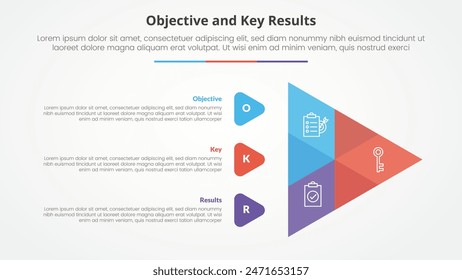 OKR objectives and key results framework infographic concept for slide presentation with creative venn arrow shape with 3 point list with flat style vector